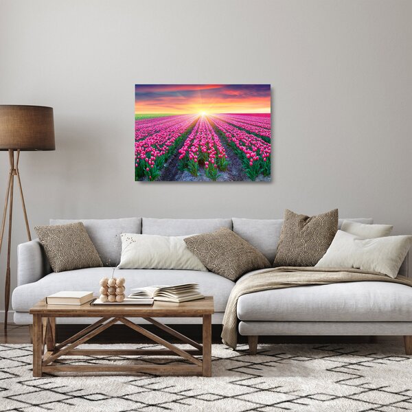 Skleněný obraz pole tulipánů se sluncem (70x50 cm)