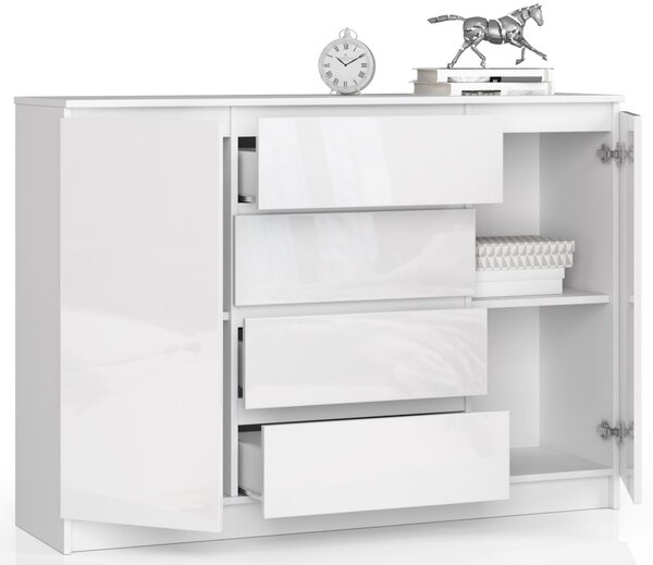 Ak furniture Komoda Kryštof 140 cm 2 skříňky a 4 šuplíky bílá lesk
