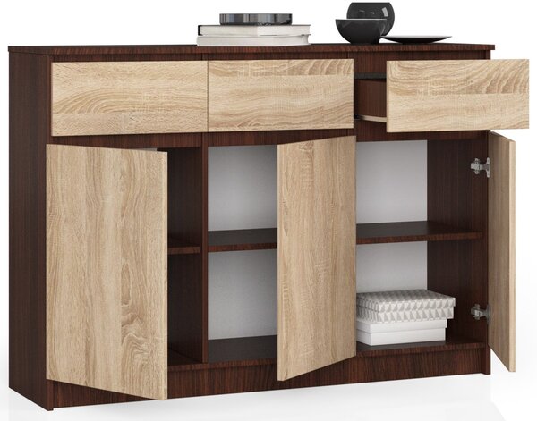 Ak furniture Komoda Karolína 140 cm 3 skříňky a 3 šuplíky wenge/sonoma