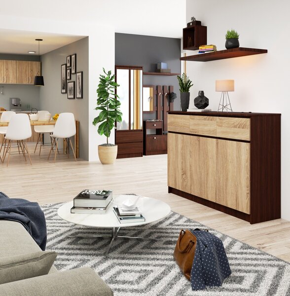 Ak furniture Komoda Karolína 140 cm 3 skříňky a 3 šuplíky wenge/sonoma