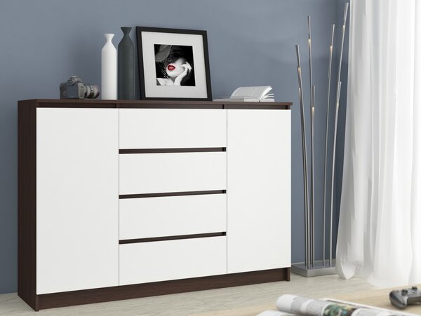 Ak furniture Komoda Kryštof 140 cm 2 skříňky a 4 šuplíky wenge/bílá