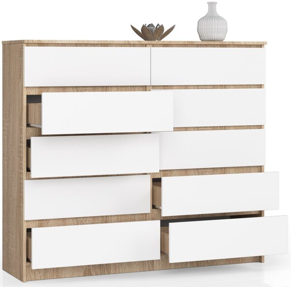 Ak furniture Komoda Kuba 140 cm 10 šuplíků dub sonoma/bílá