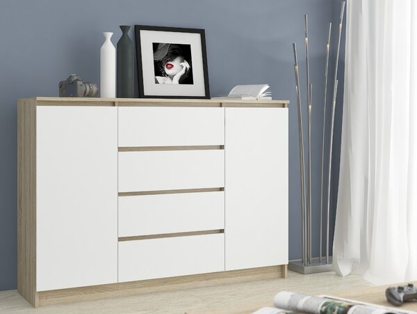 Ak furniture Komoda Kryštof 140 cm 2 skříňky a 4 šuplíky dub sonoma/bílá