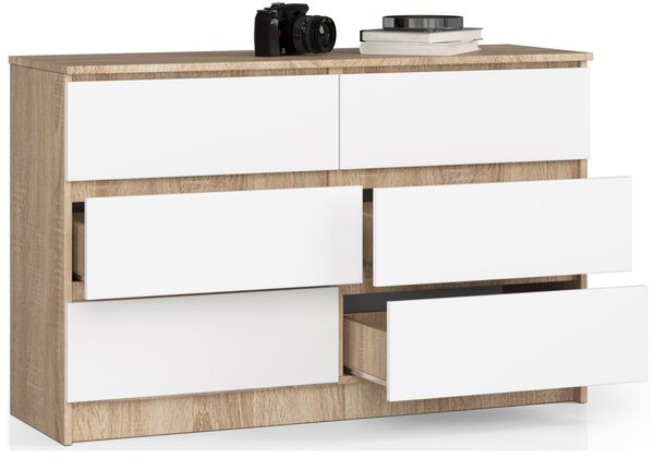 Ak furniture Komoda Kuba 120 cm 6 šuplíků dub sonoma/bílá