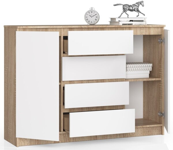 Ak furniture Komoda Kryštof 140 cm 2 skříňky a 4 šuplíky dub sonoma/bílá