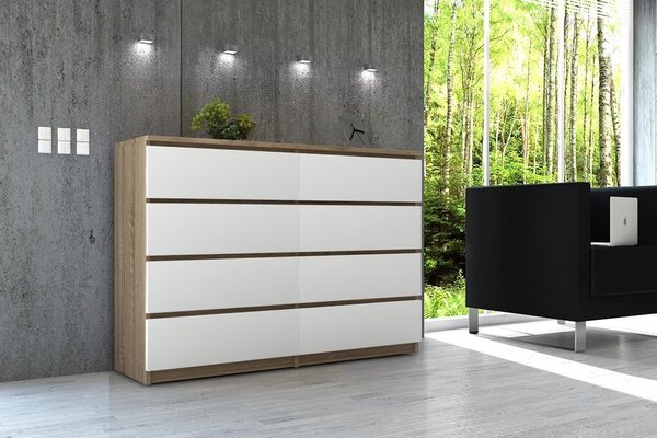 Ak furniture Komoda Kuba 120 cm 8 šuplíků dub sonoma/bílá