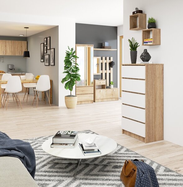 Ak furniture Komoda Kuba 60 cm - 5 šuplíků dub sonoma/bílá