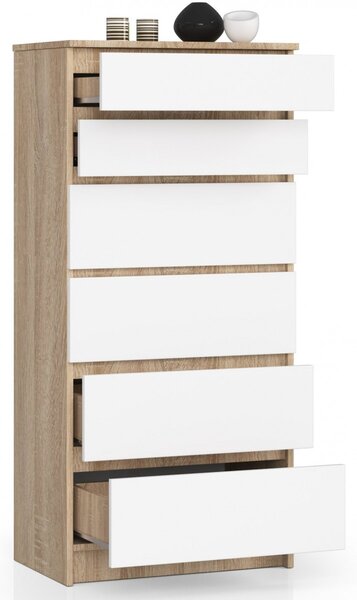 Ak furniture Komoda Kuba 60 cm - 6 šuplíků dub sonoma/bílá