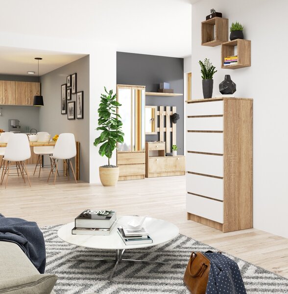 Ak furniture Komoda Kuba 60 cm - 6 šuplíků dub sonoma/bílá