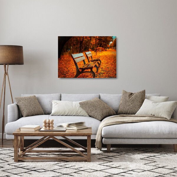 Skleněný obraz lavičky v podzimu (70x50 cm)