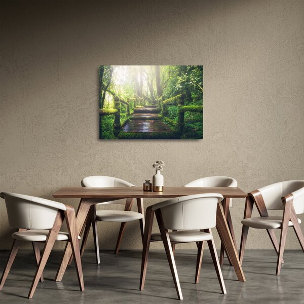 Skleněný obraz - dřevěné schody v lese (70x50 cm)