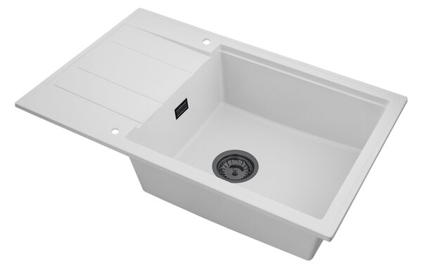 Sink Quality Ferrum New 8010, 1-komorový granitový dřez 800x500x210 mm + grafitový sifon, bílá, SKQ-FER.8010.WH.XB