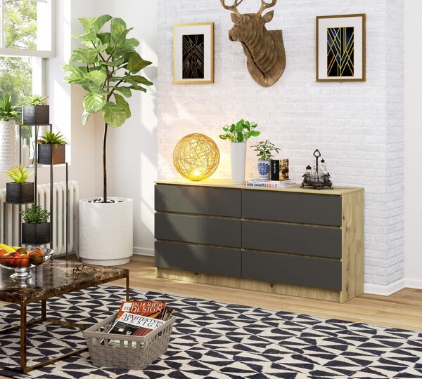 Ak furniture Komoda Kuba 160 cm 6 šuplíků dub artisan/grafitová