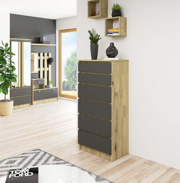 Ak furniture Komoda Kuba 60 cm - 6 šuplíků dub artisan/grafitová