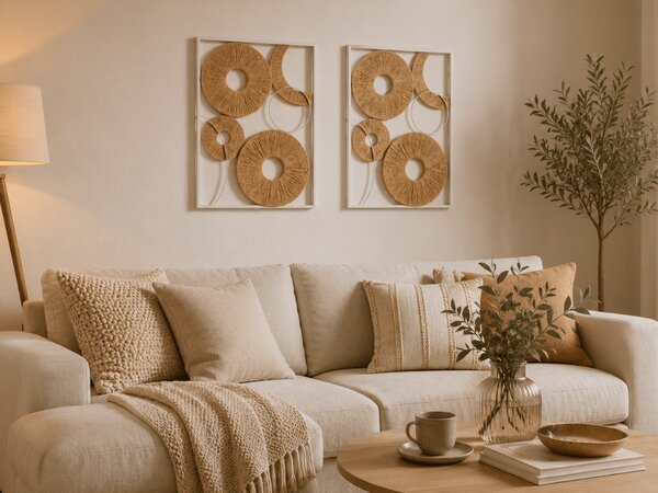 Sada 2 ks nástěnné dekorace CIRCLES kov 48x68 cm, bílá / béžová