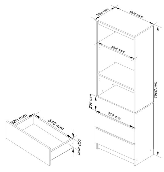 Ak furniture Regál Rexa 60 cm 3 šuplíky a 2 police dub sonoma/bílý