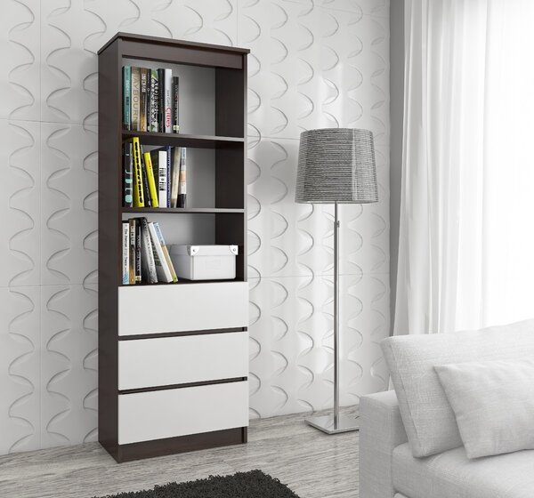 Ak furniture Knihovna Ronald 60 cm 3 šuplíky a 3 police wenge/bílá
