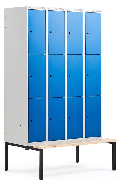 AJ Produkty Boxová šatní skříň CLASSIC, s lavicí, 4 sekce, 12 boxů, 2120x1200x550 mm, modré dveře