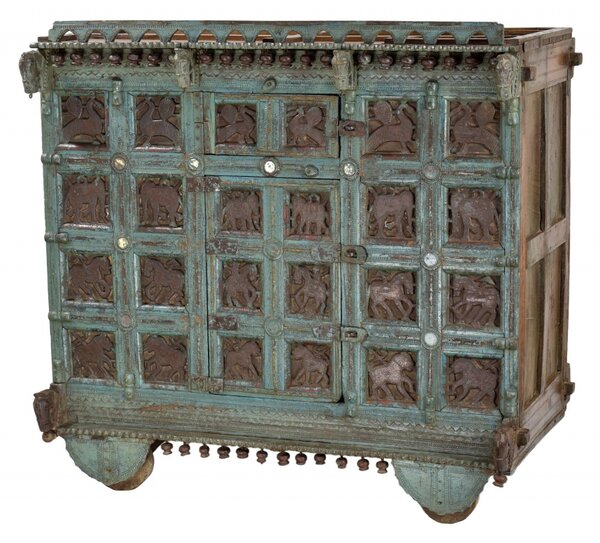 Truhla z teakového dřeva na kolečkách, ruční řezby, antik kus, 125x69x124cm