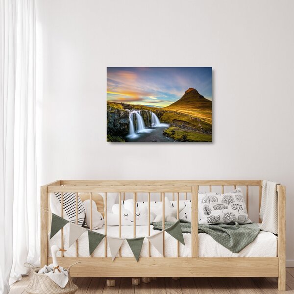 Skleněný obraz hory a vodopádů na Islandu (70x50 cm)