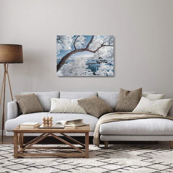 Skleněný obraz zasněženého stromu u vody (70x50 cm)