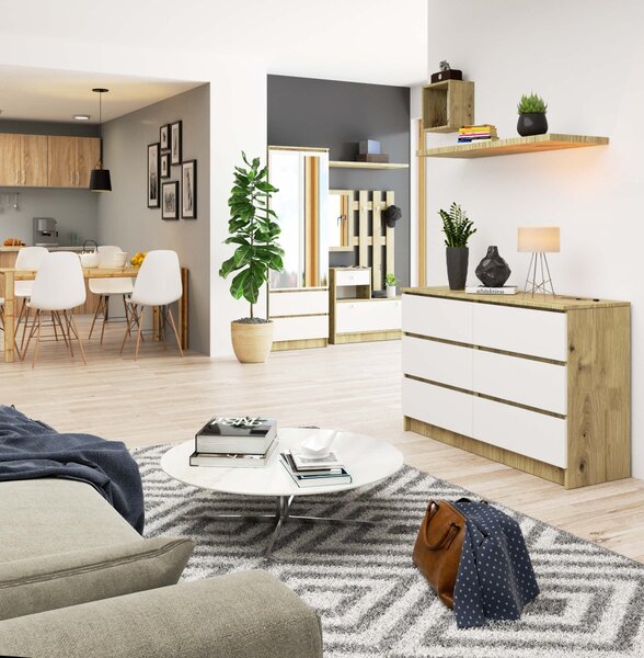 Ak furniture Komoda Kuba 120 cm 6 šuplíků dub artisan/bílá