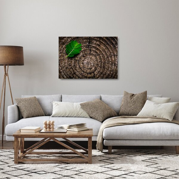 Skleněný obraz listu na kmeni stromu (70x50 cm)