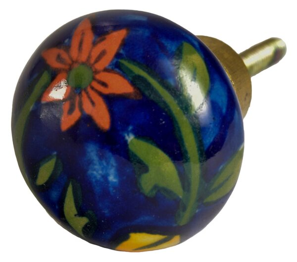 Malovaná porcelánová úchytka na šuplík, modrá, oranžová květina, průměr 3,7 cm