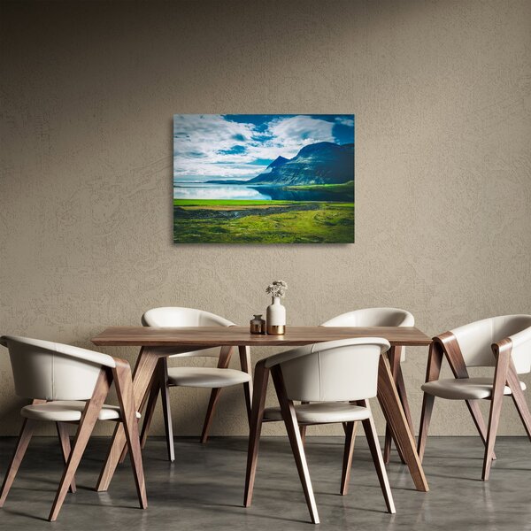 Skleněný obraz jezera s horami (70x50 cm)