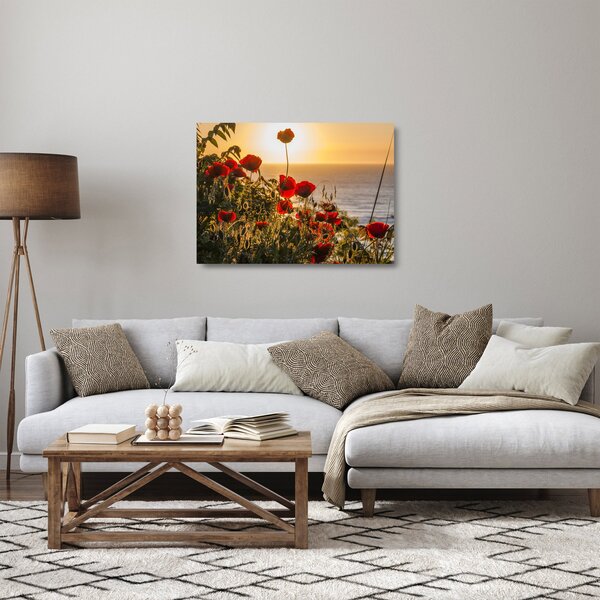 Skleněný obraz západu slunce s vlčími máky (70x50 cm)