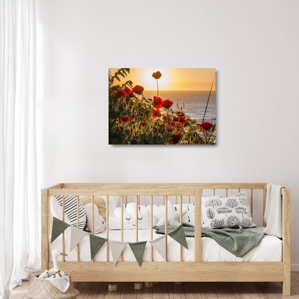Skleněný obraz západu slunce s vlčími máky (70x50 cm)
