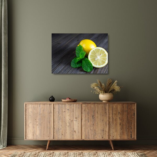Skleněný obraz citrónů a máty na stole (70x50 cm)