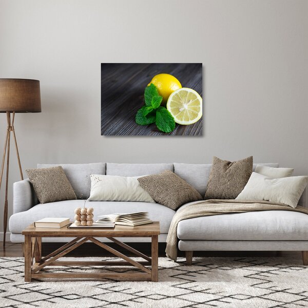 Skleněný obraz citrónů a máty na stole (70x50 cm)