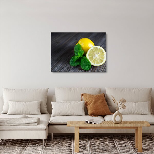 Skleněný obraz citrónů a máty na stole (70x50 cm)