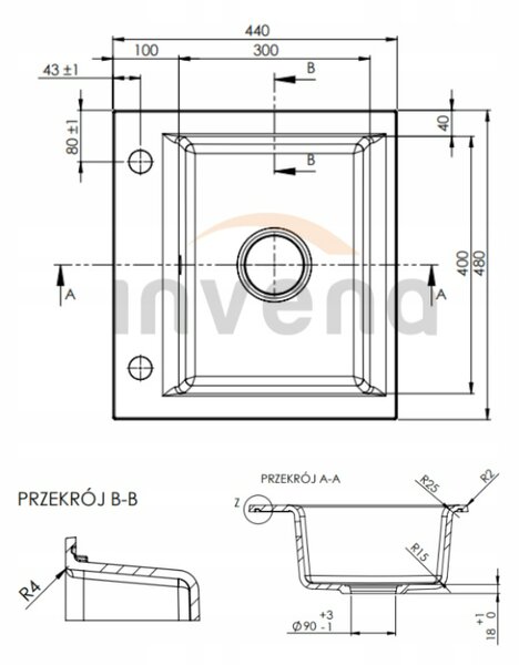 Invena Tesalia, 1-komorový granitový dřez 440x400x160 mm a dřezová baterie Joga Plus, černá skvrnitá, INV-AZ-01-041-SET