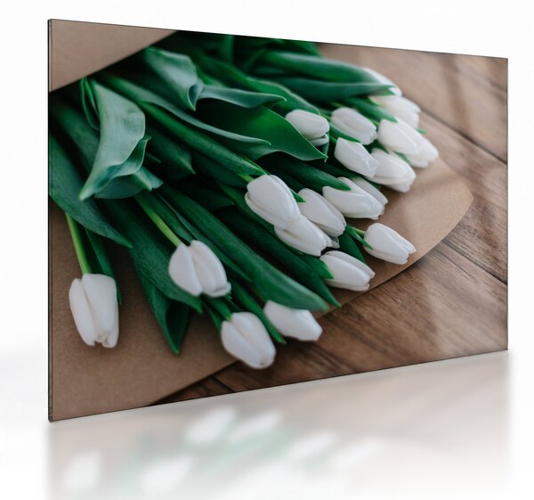 Skleněný obraz kytice bílých tulipánů (70x50 cm)