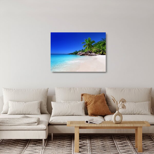 Skleněný obraz pláže na Praslin ostrově (70x50 cm)