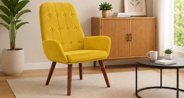 Relaxační křeslo, odpočinkové, dřevo/kov/textil, 96x69x78 cm, nohy tmavé/žlutá, Dekorino KR20260052