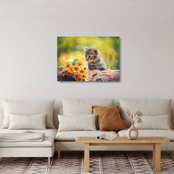 Skleněný obraz koťátka dívající se na květinu (70x50 cm)