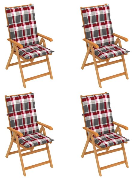Zahradní židle 4 ks červené kárované podušky masivní teak