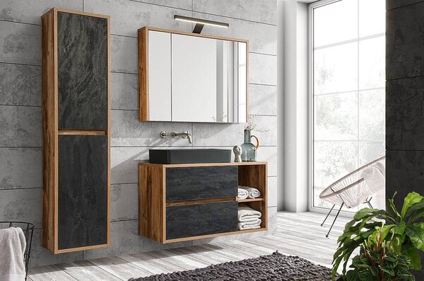 Comad Koupelnová závěsná skříňka vysoká Hampton Concrete 2D tmavý beton/dub hunton