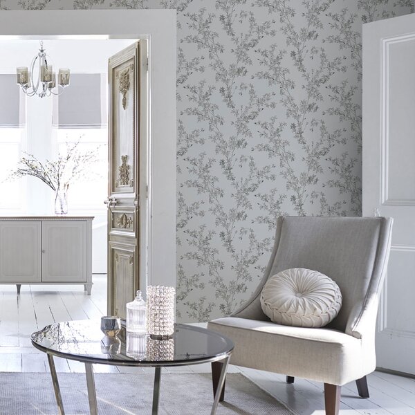 Vliesová tapeta na zeď, šedá, větvičky zlatého deště, 113349, Laura Ashley Signature ROZBALENO