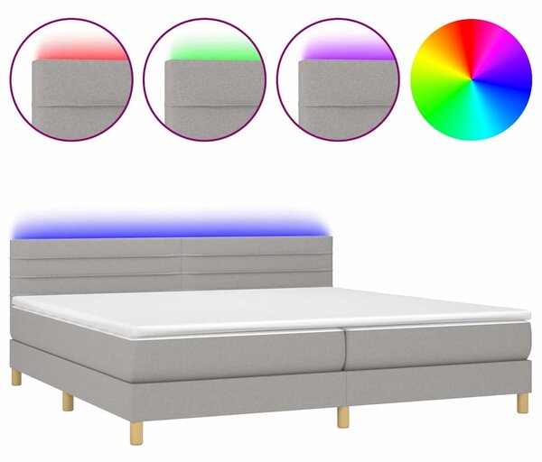Box spring postel s matrací a LED světle šedá 200x200 cm textil 3133821