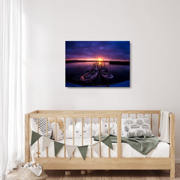 Skleněný obraz rybářských lodí v přístavu (70x50 cm)