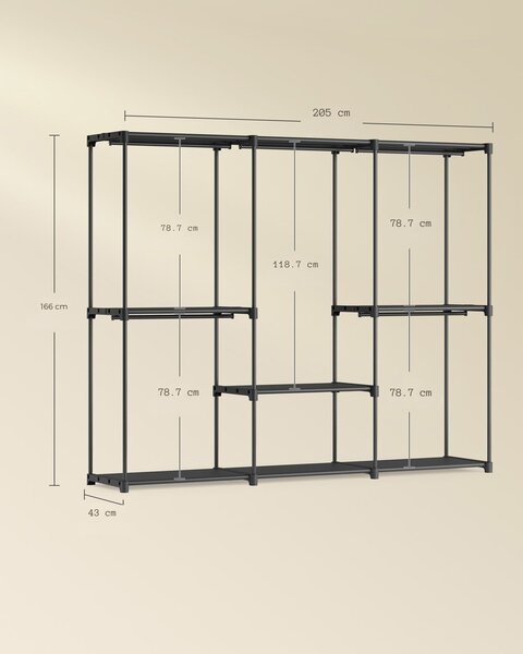 Otevřený šatník s policemi DRESSIO, 205x43x166 cm, černá SongmicsHome