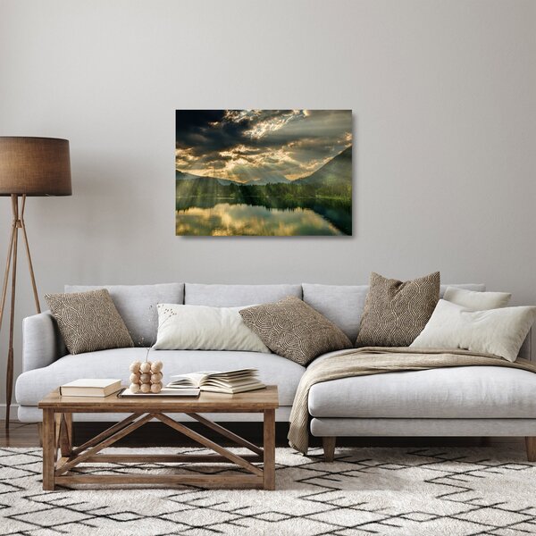 Skleněný obraz jezera s průsvitajícím sluncem (70x50 cm)