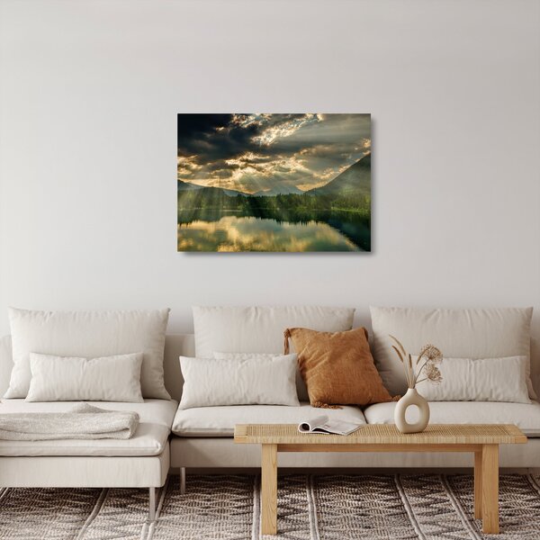 Skleněný obraz jezera s průsvitajícím sluncem (70x50 cm)