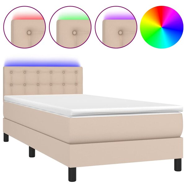 Box spring postel matrace a LED cappuccino 90x200 cm umělá kůže 3134206
