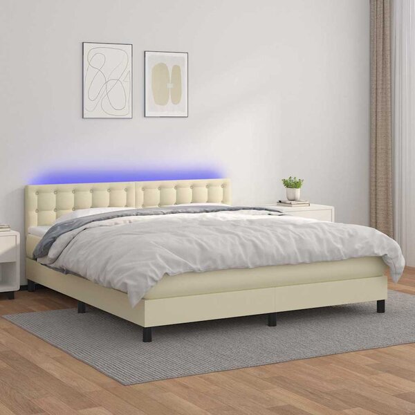Box spring postel s matrací a LED krémová 160x200 cm umělá kůže 3134233