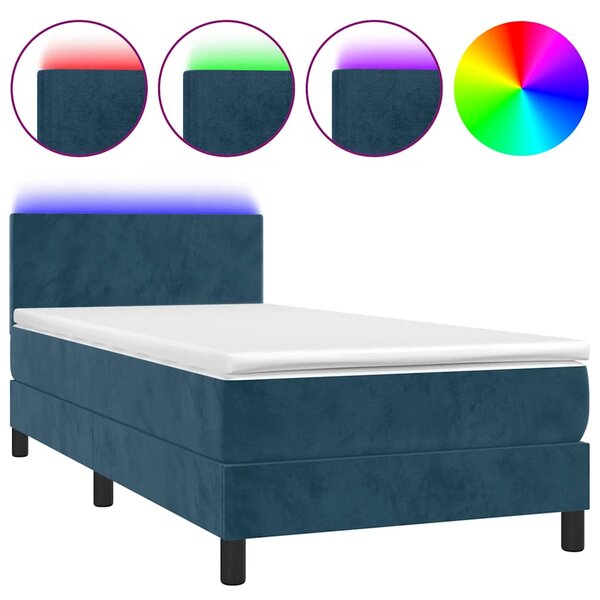 Box spring postel s matrací a LED tmavě modrá 100x200 cm samet 3134271